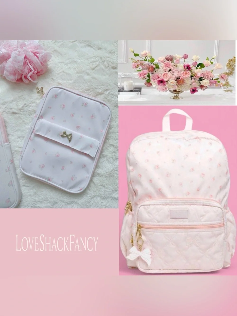 LoveShackFancy Set Pink Quilted Kids Backpack with Bow Charm and Pencil case